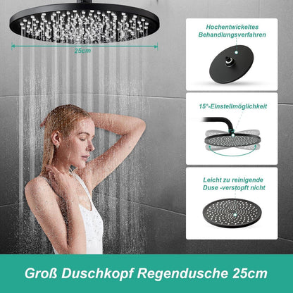 Rundes Duschsystem Schwarz – Höhenverstellbar & 6 Strahlarten