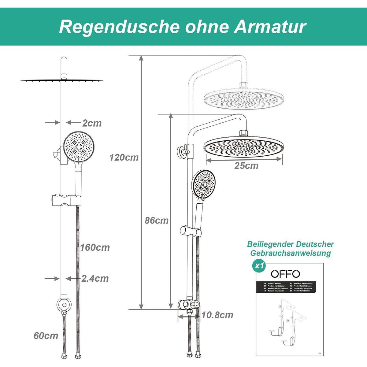 Rundes Duschsystem Schwarz – Höhenverstellbar & 6 Strahlarten