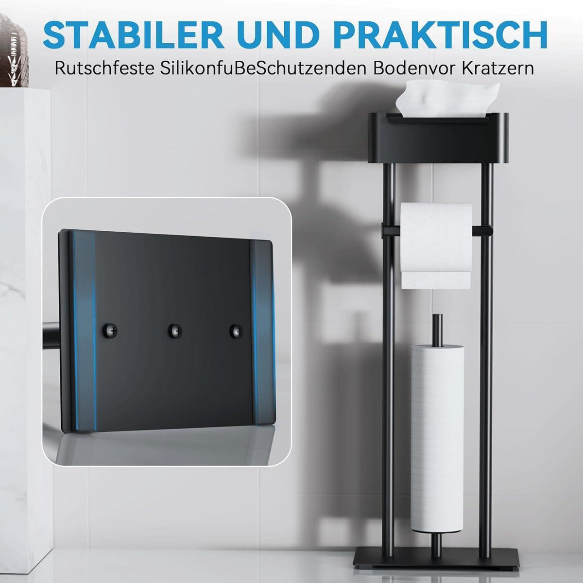 Stehender Toilettenpapierhalter mit Ablage, 4 Rollen, Schwarz Matt