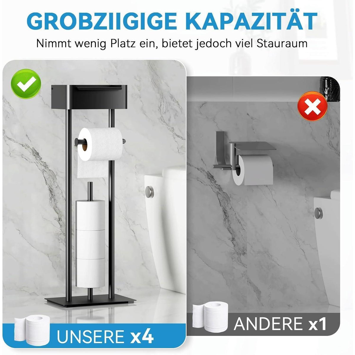 Stehender Toilettenpapierhalter mit Ablage, 4 Rollen, Schwarz Matt