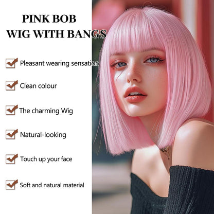 Pinker Bob mit Pony – Kurze Blonde Damen Perücke Schulterlang