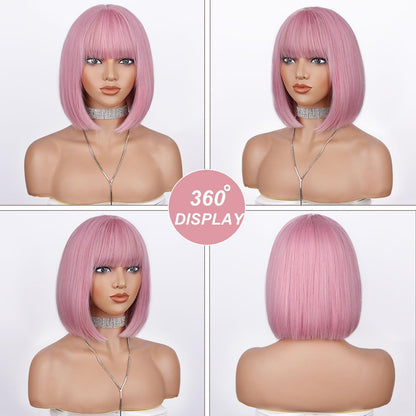 Pinker Bob mit Pony – Kurze Blonde Damen Perücke Schulterlang