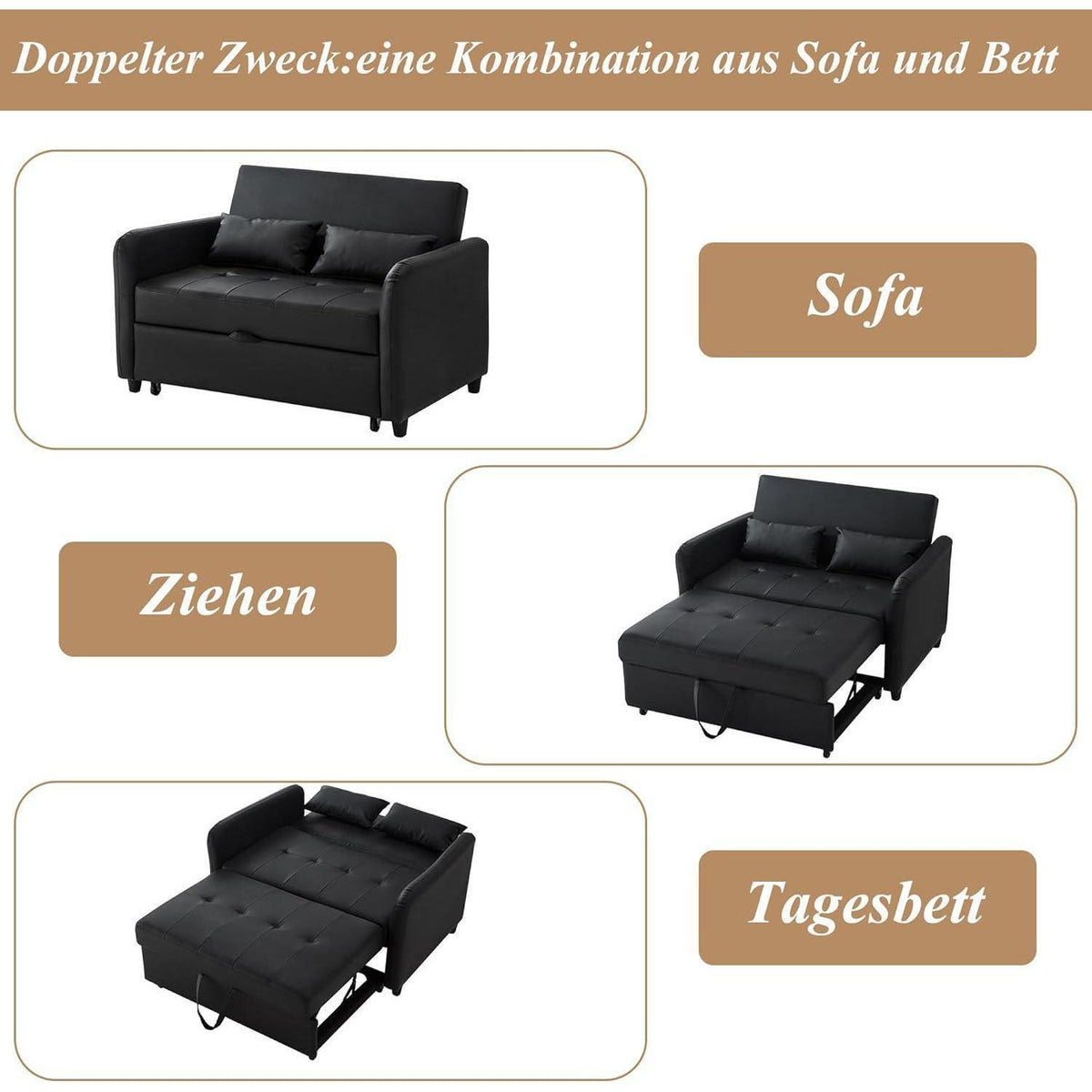 Klappsofa mit Bettkasten & Verstellbarer Rückenlehne Schwarz