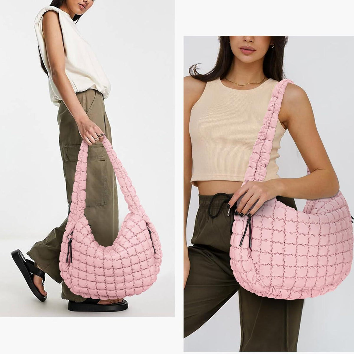 Gesteppte Umhängetasche Groß, Puffer Hobo Bag, Hellrosa