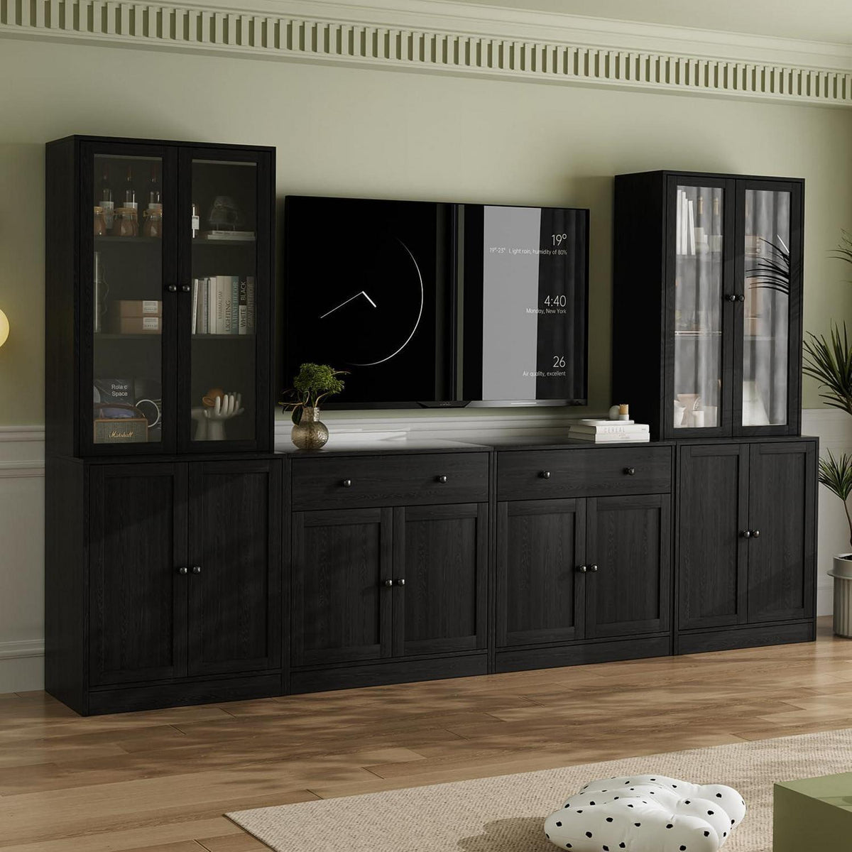 Großer TV-Schrank mit Bücherregalen & Glastüren (280cm)