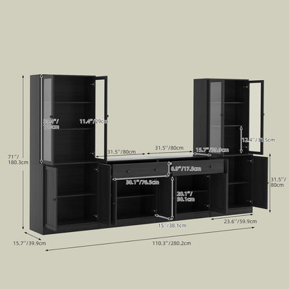 Großer TV-Schrank mit Bücherregalen & Glastüren (280cm)