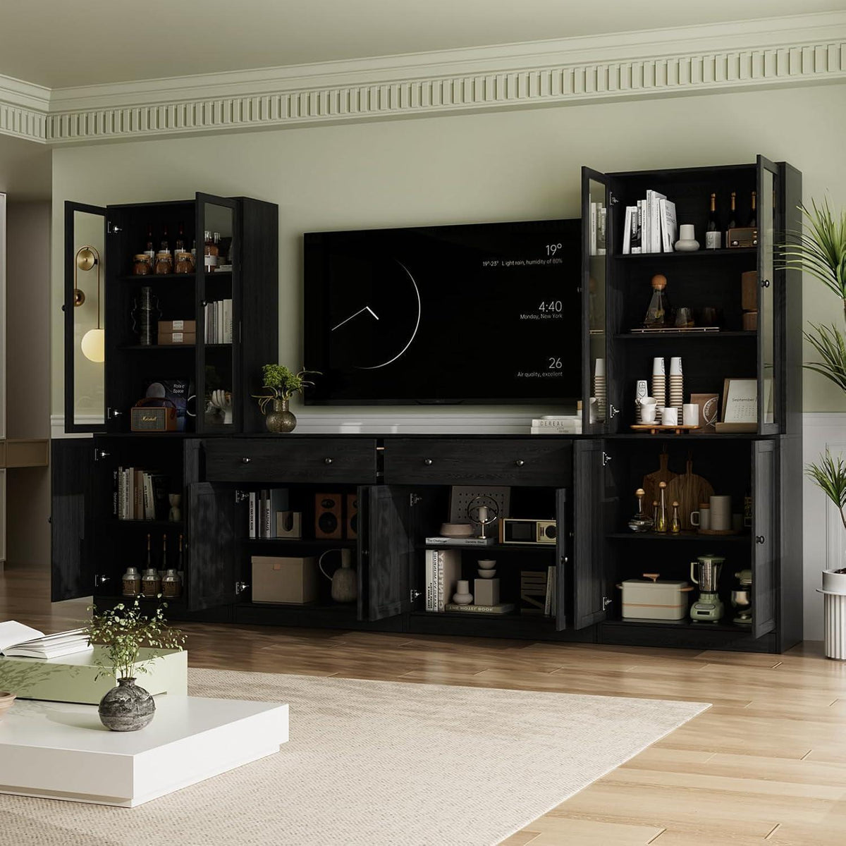 Großer TV-Schrank mit Bücherregalen & Glastüren (280cm)
