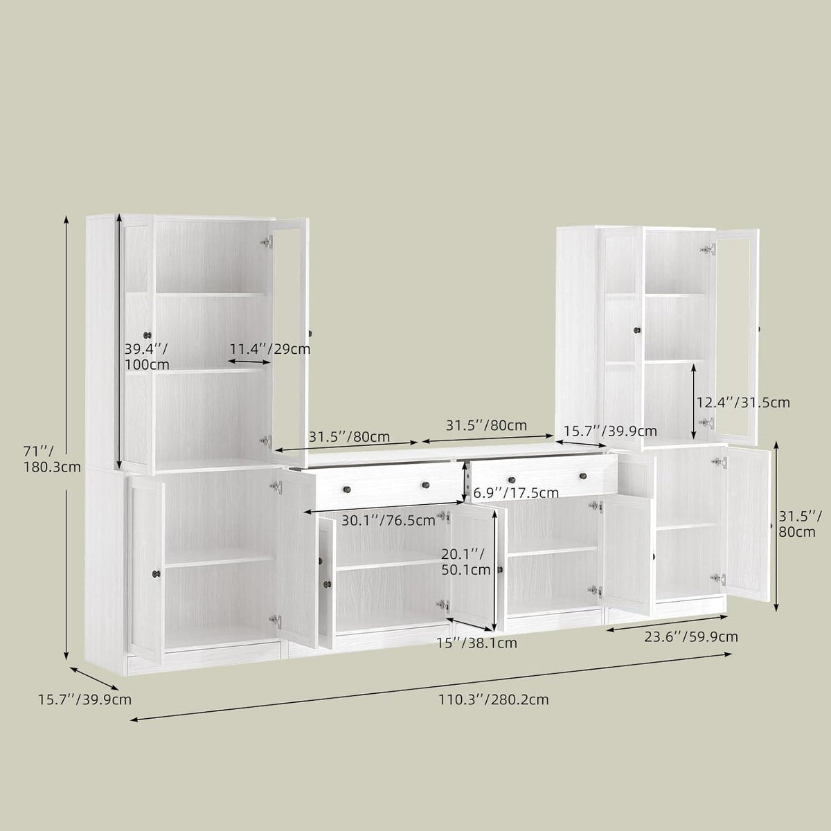 Großer TV-Schrank mit Bücherregal & Glastüren – 280cm Weiß