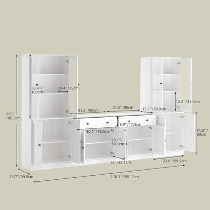 Großer TV-Schrank mit Bücherregal & Glastüren – 280cm Weiß