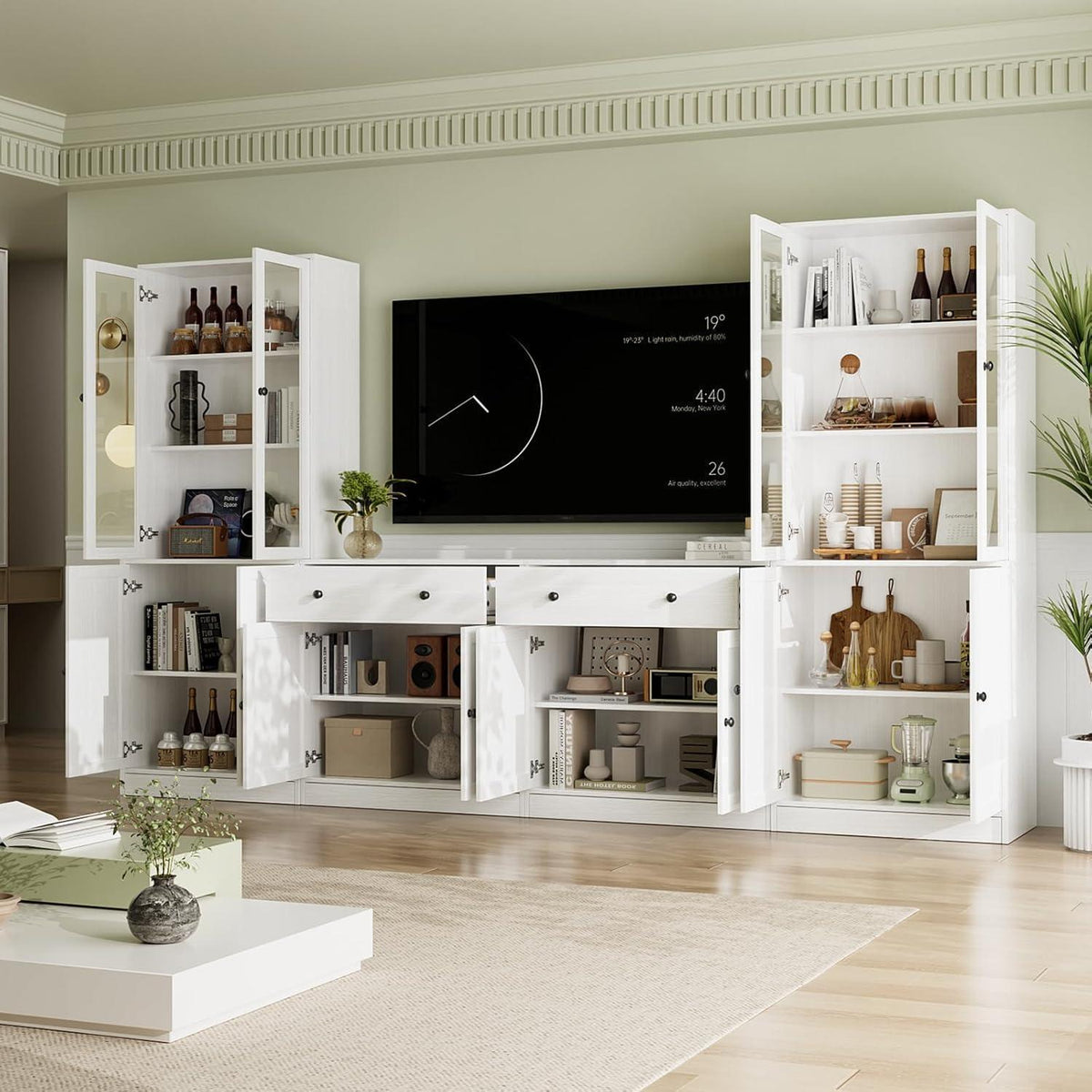 Großer TV-Schrank mit Bücherregal & Glastüren – 280cm Weiß