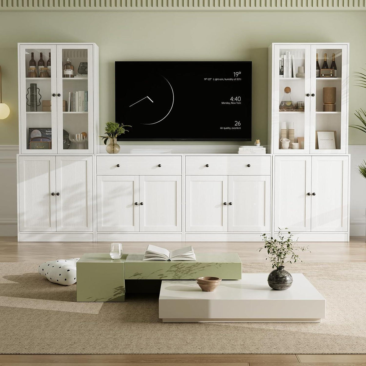 Großer TV-Schrank mit Bücherregal & Glastüren – 280cm Weiß