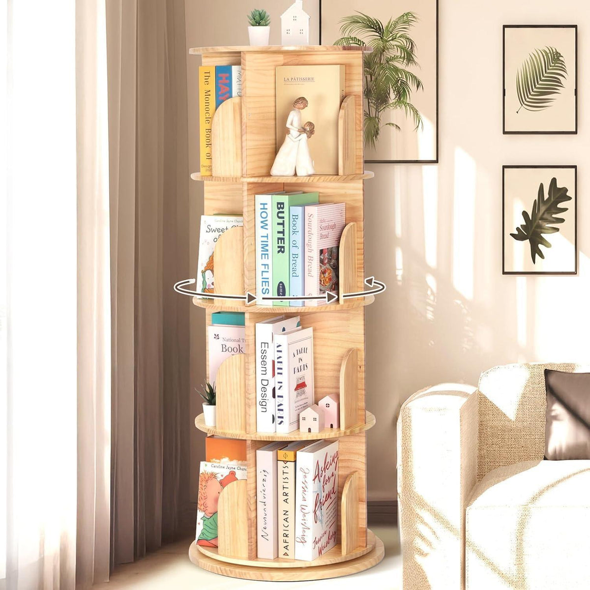 Drehbares Bücherregal aus Massivholz – 4 Etagen, 360° drehbar