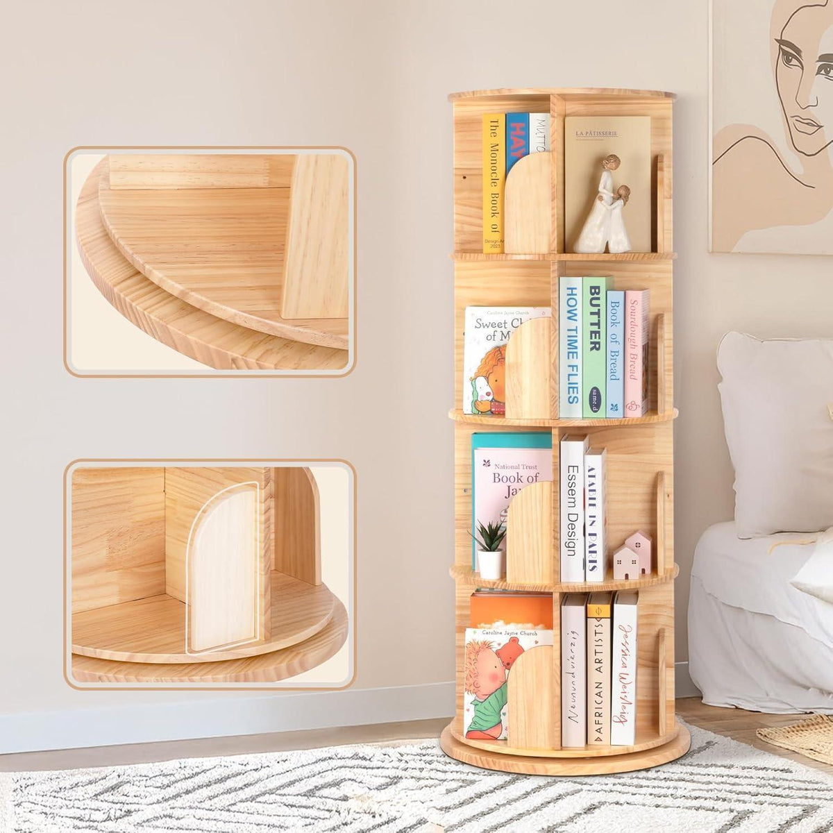 Drehbares Bücherregal aus Massivholz – 4 Etagen, 360° drehbar