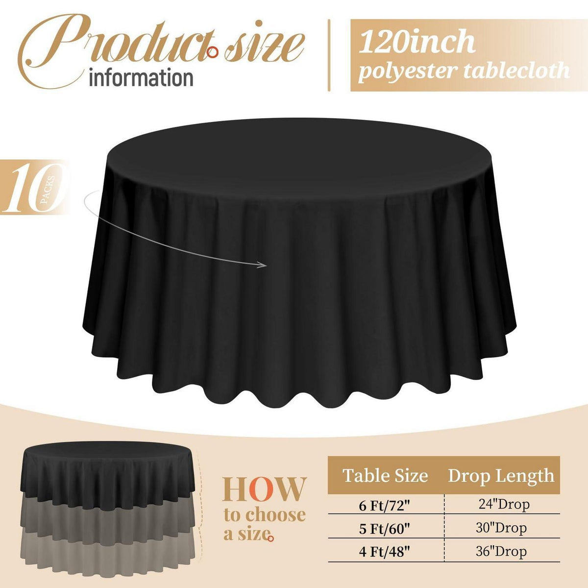 10er-Pack Schwarze Runde Tischdecken 305cm – Hochwertig & Vielseitig
