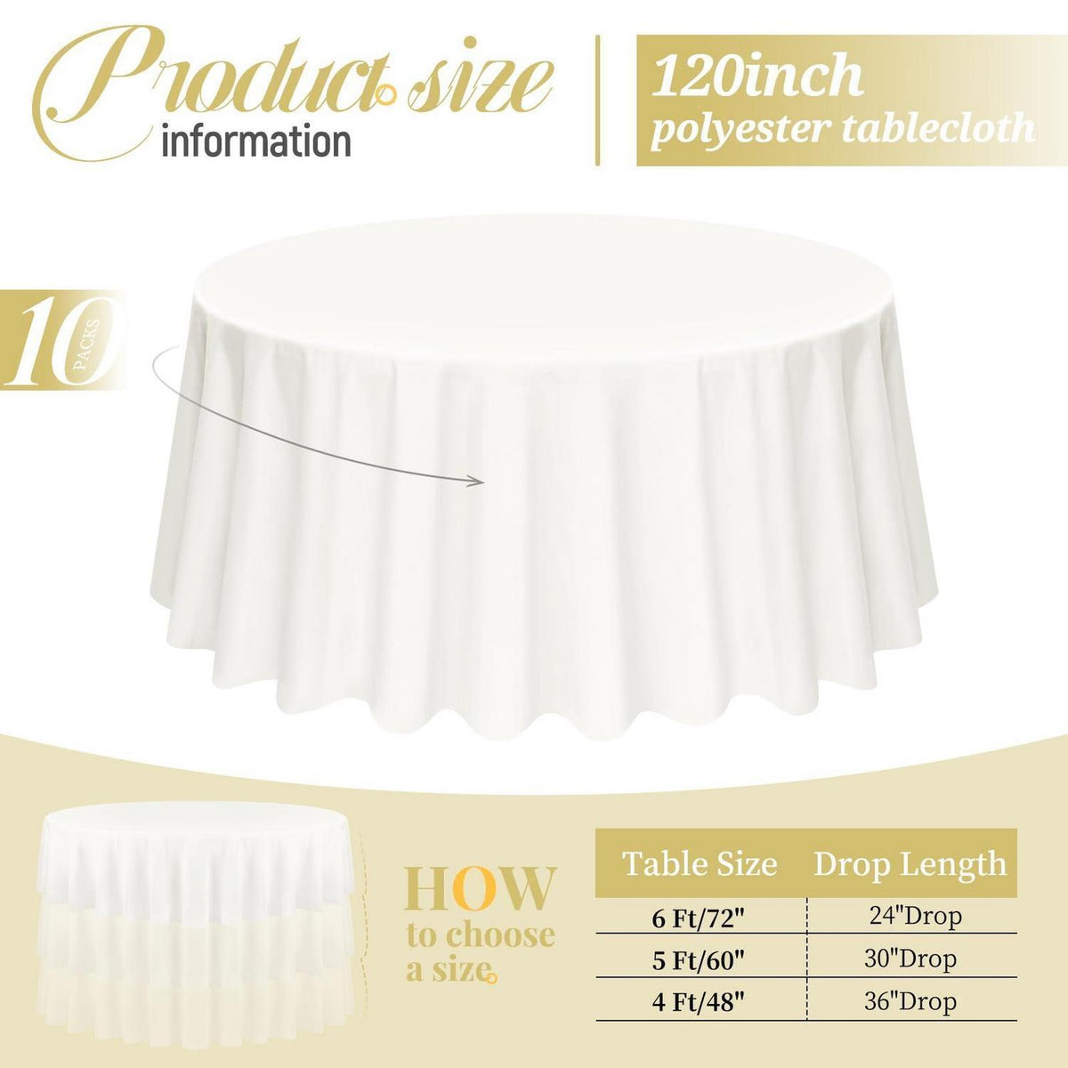 10er-Pack Elfenbein Tischdecken 305cm – Rund & Fleckenfrei