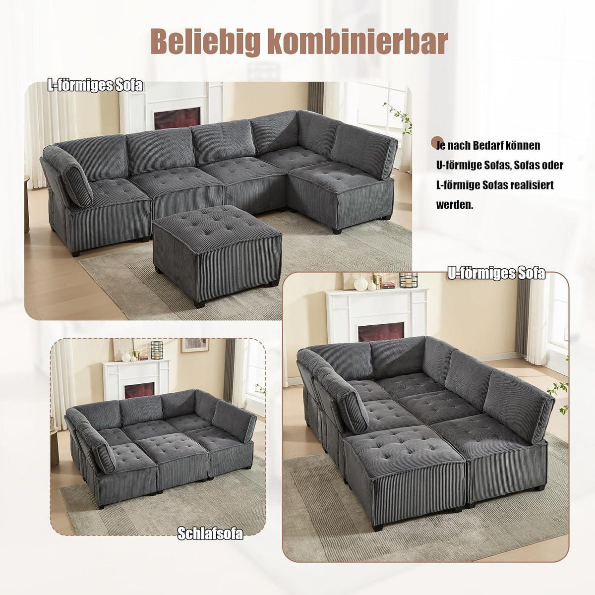 Flexibles 6-Sitzer Sofa (308cm) Grau, Cordstoff & Schlafsofa