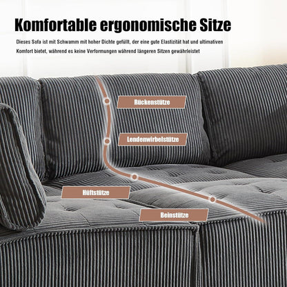 Flexibles 6-Sitzer Sofa (308cm) Grau, Cordstoff & Schlafsofa
