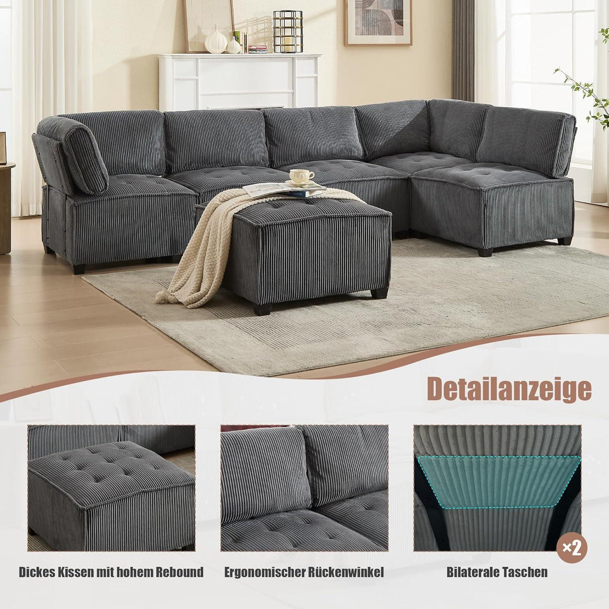 Flexibles 6-Sitzer Sofa (308cm) Grau, Cordstoff & Schlafsofa