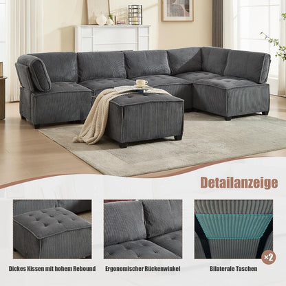 Flexibles 6-Sitzer Sofa (308cm) Grau, Cordstoff & Schlafsofa