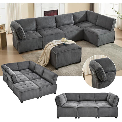 Flexibles 6-Sitzer Sofa (308cm) Grau, Cordstoff & Schlafsofa