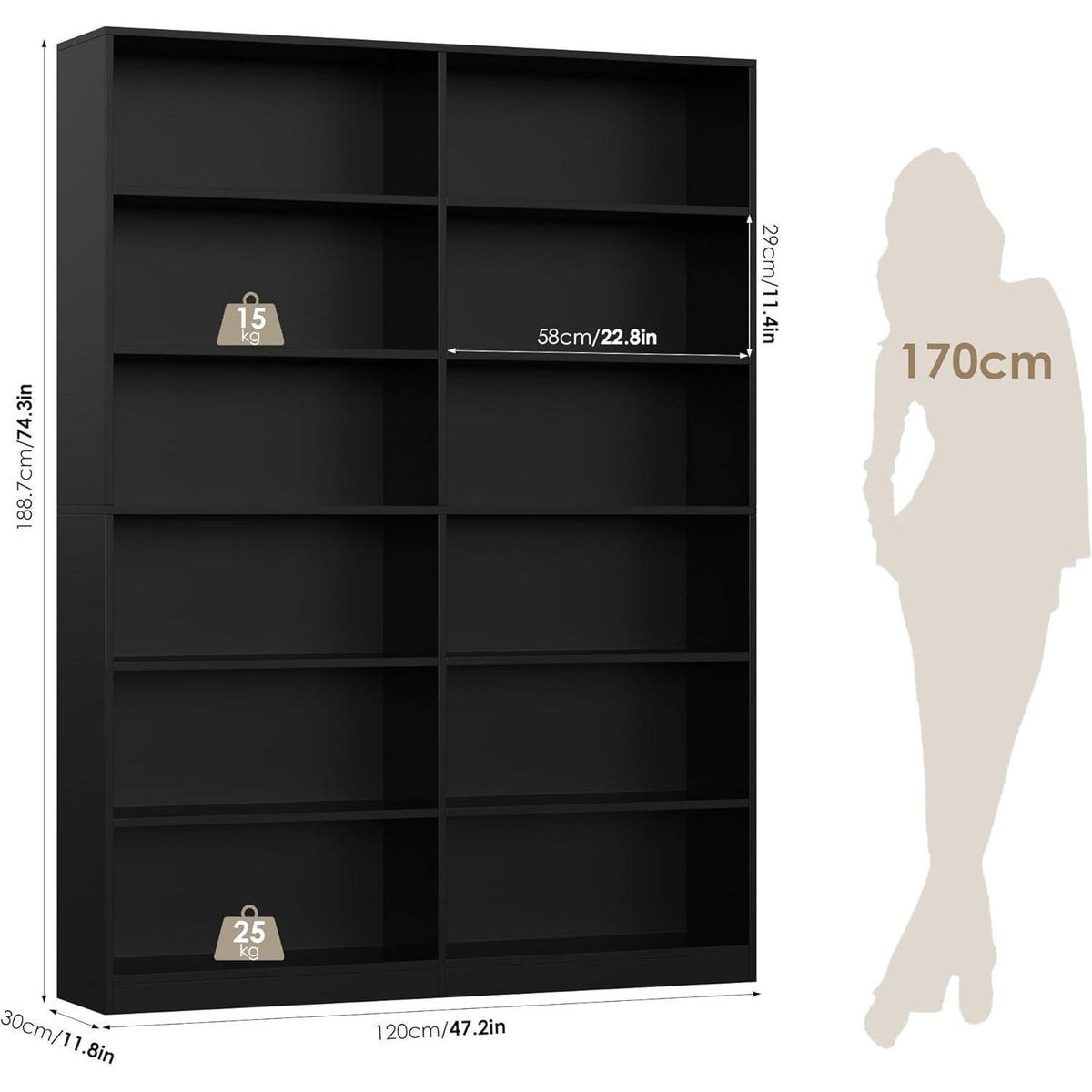 Bücherregal 12 Fächer – Standregal Schwarz für Wohnzimmer & Büro