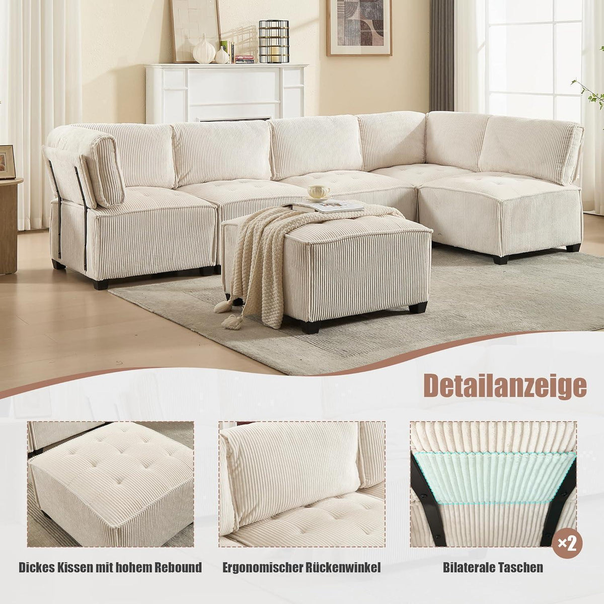 6-Sitzer Sofa 308cm Cord Stoff, Flexibel & Komfortabel (Beige)