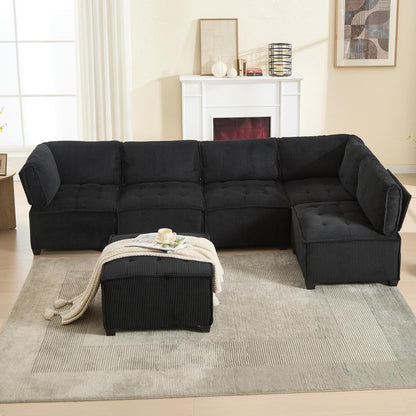 Flexibles 6-Sitzer Sofa Schwarz, Cordstoff, U-/L-Form & Schlafsofa