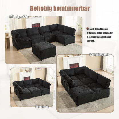 Flexibles 6-Sitzer Sofa Schwarz, Cordstoff, U-/L-Form & Schlafsofa