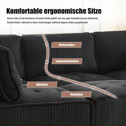 Flexibles 6-Sitzer Sofa Schwarz, Cordstoff, U-/L-Form & Schlafsofa