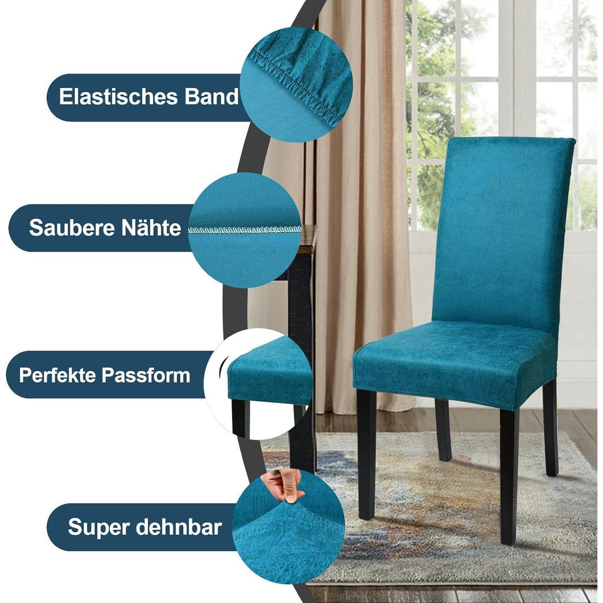 Stretch Stuhlhussen 6er Set – Pfauenblau | Elastisch & Abnehmbar