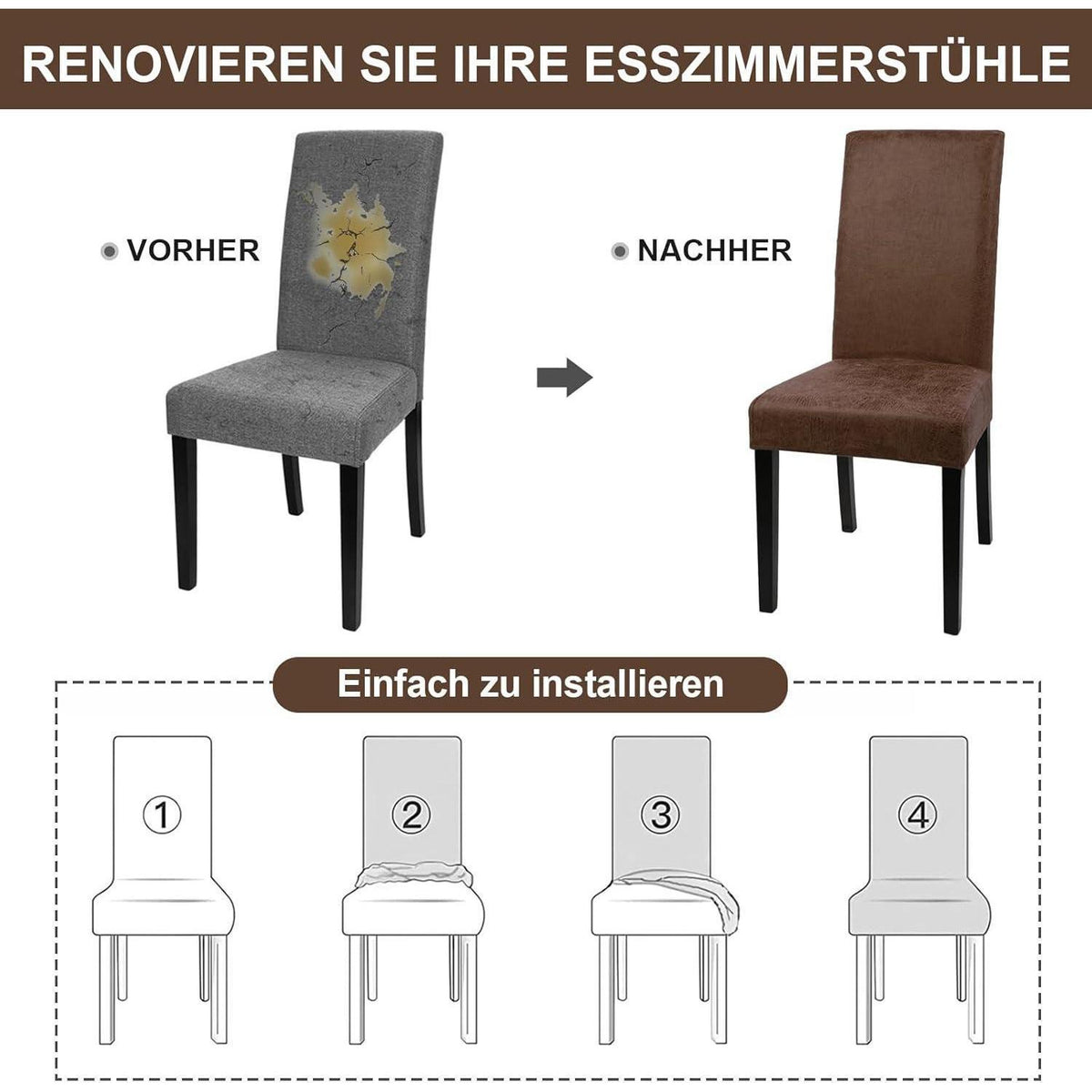 Stretch Stuhlhussen Sämischleder 4er Set Braun