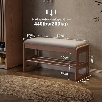 Holz Schuhregal Bank mit Kissen & Stauraum – 80cm Walnuss