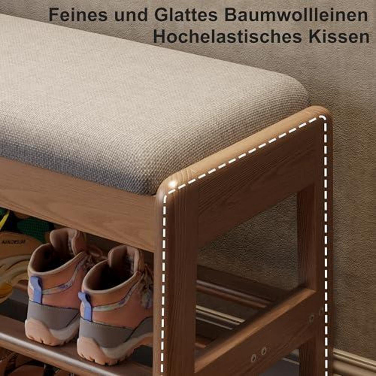 Holz Schuhregal Bank mit Kissen & Stauraum – 80cm Walnuss