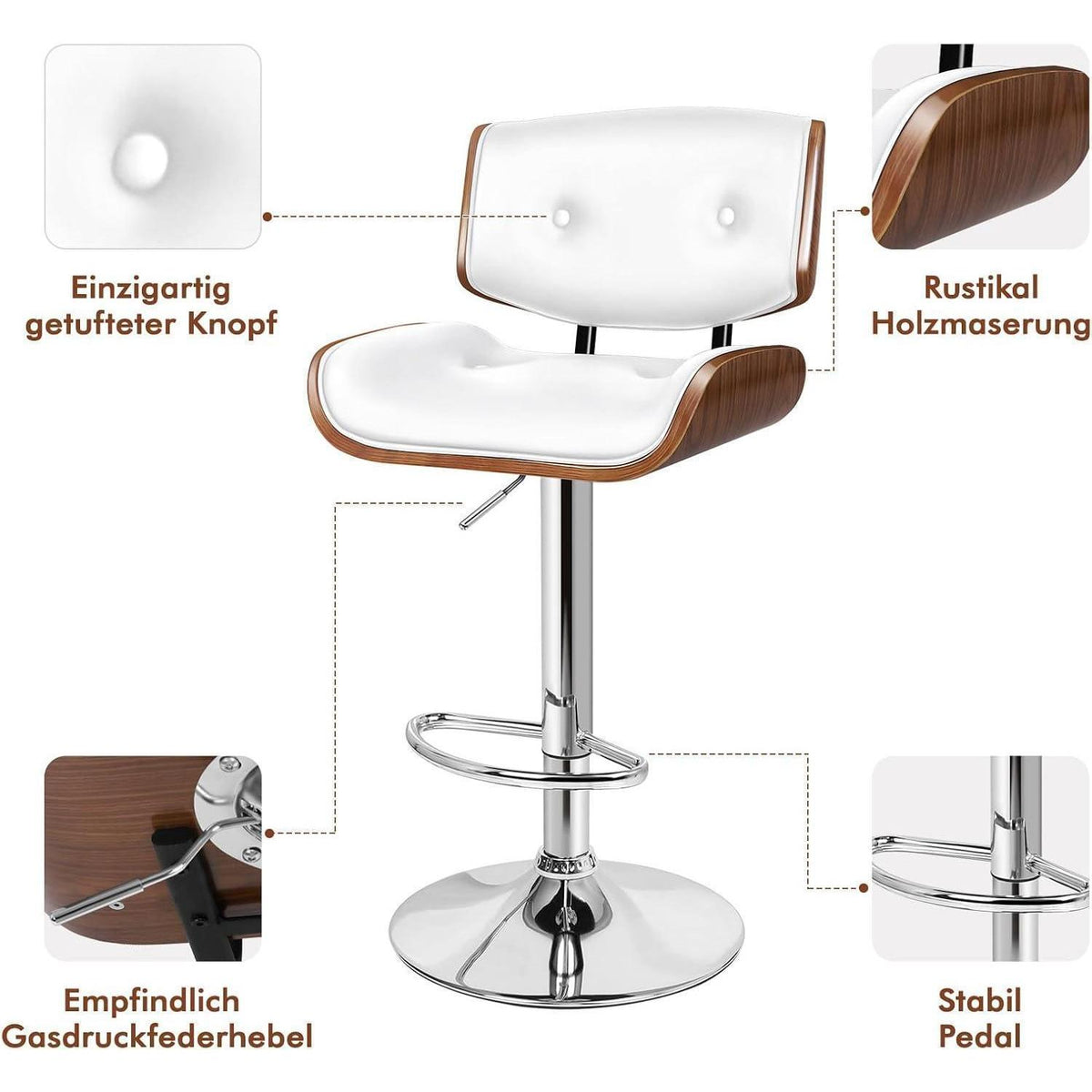 Höhenverstellbarer Barhocker mit Drehfunktion und Fußstütze - Weiß