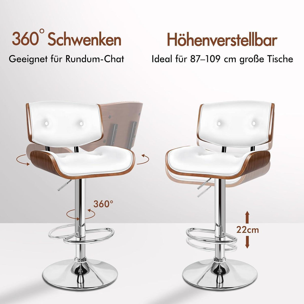 Höhenverstellbarer Barhocker mit Drehfunktion und Fußstütze - Weiß