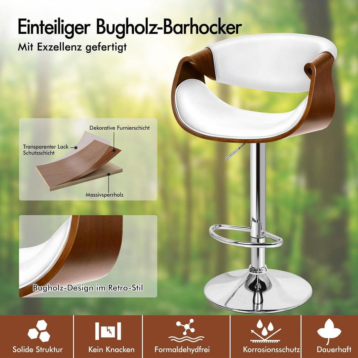 Drehbarer Bistrohocker mit Holzrückenlehne, weiß