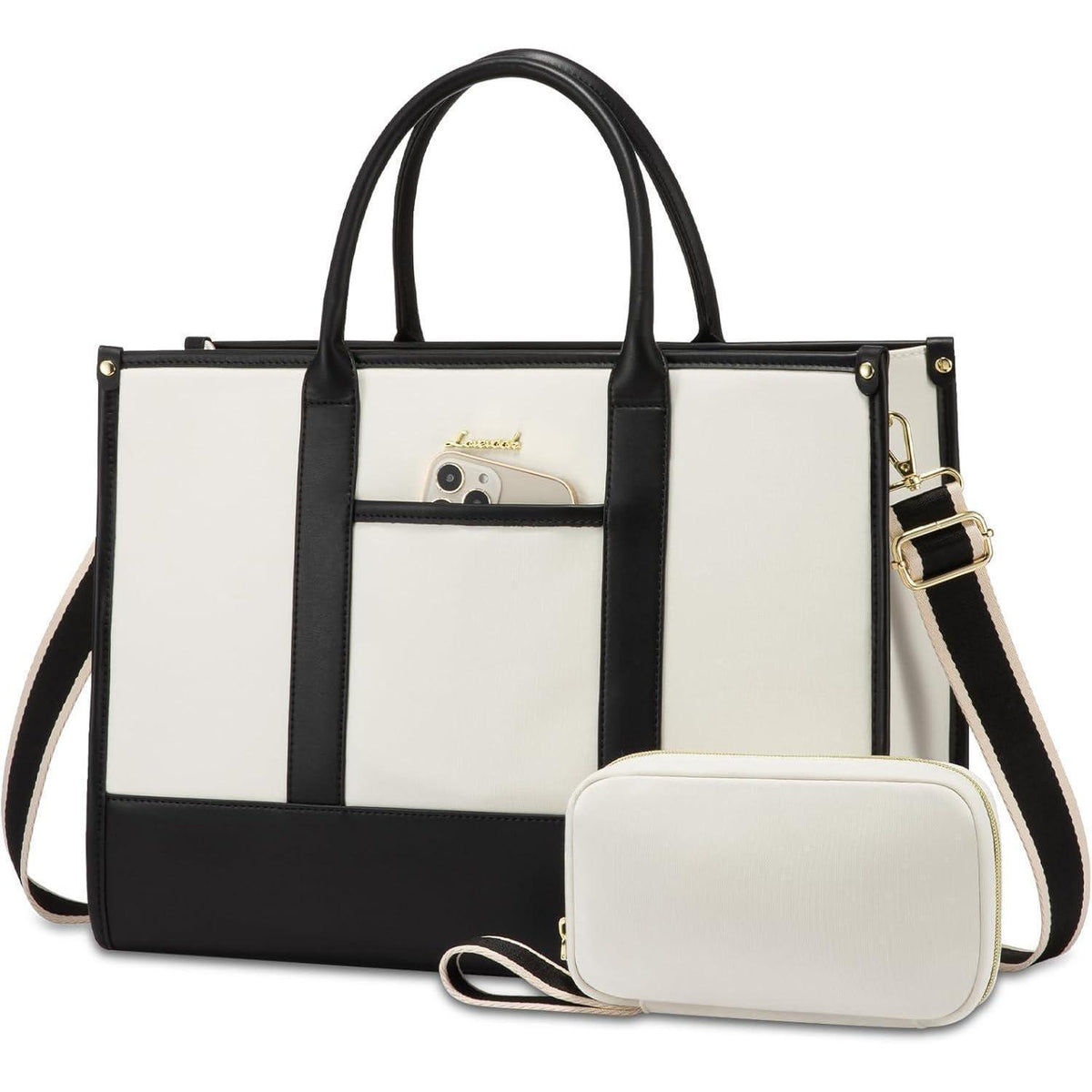 Laptoptasche Damen 17 Zoll, wasserdicht, Kunstleder, schwarz+beige