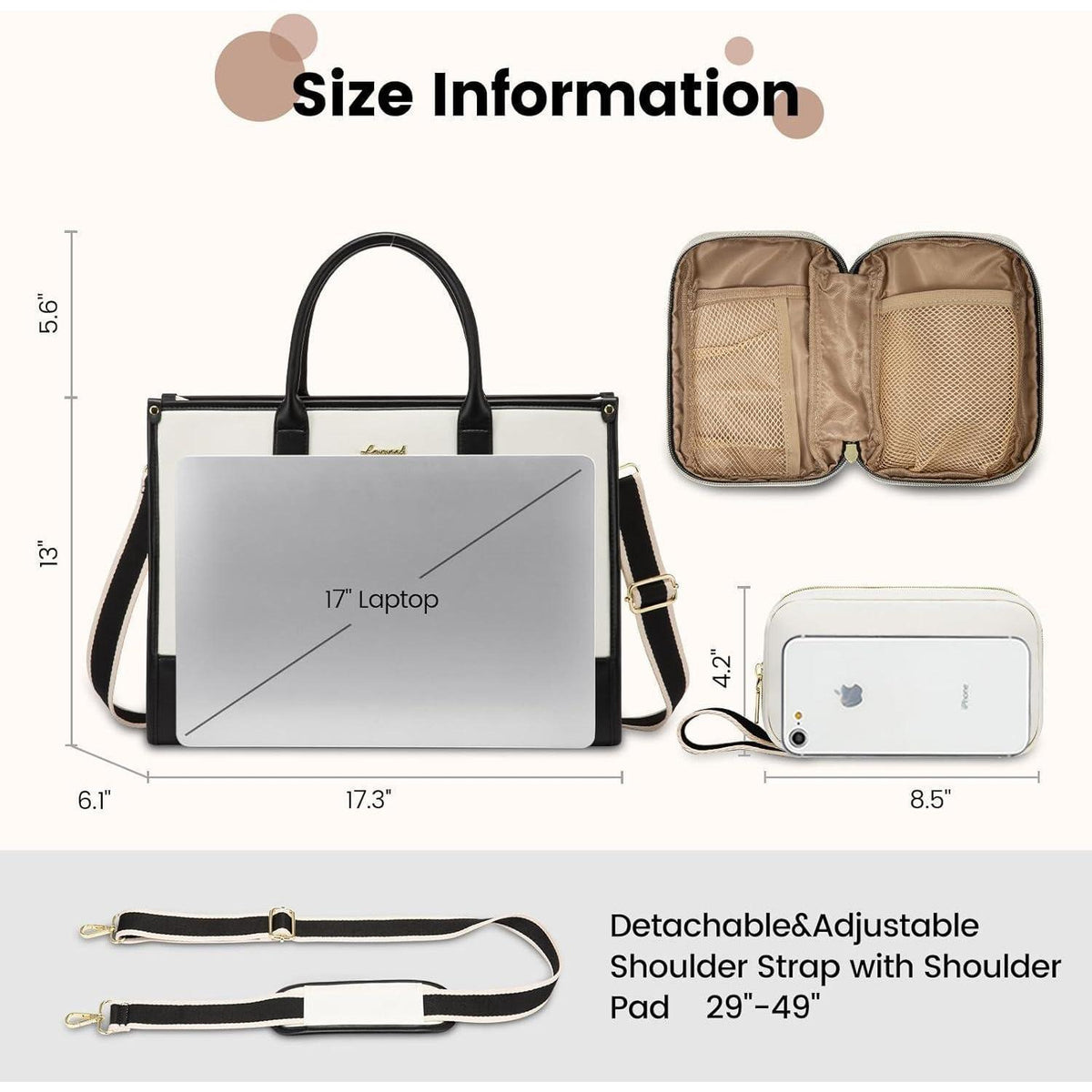 Laptoptasche Damen 17 Zoll, wasserdicht, Kunstleder, schwarz+beige