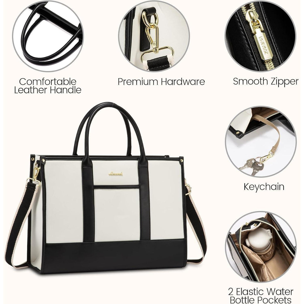 Laptoptasche Damen 17 Zoll, wasserdicht, Kunstleder, schwarz+beige