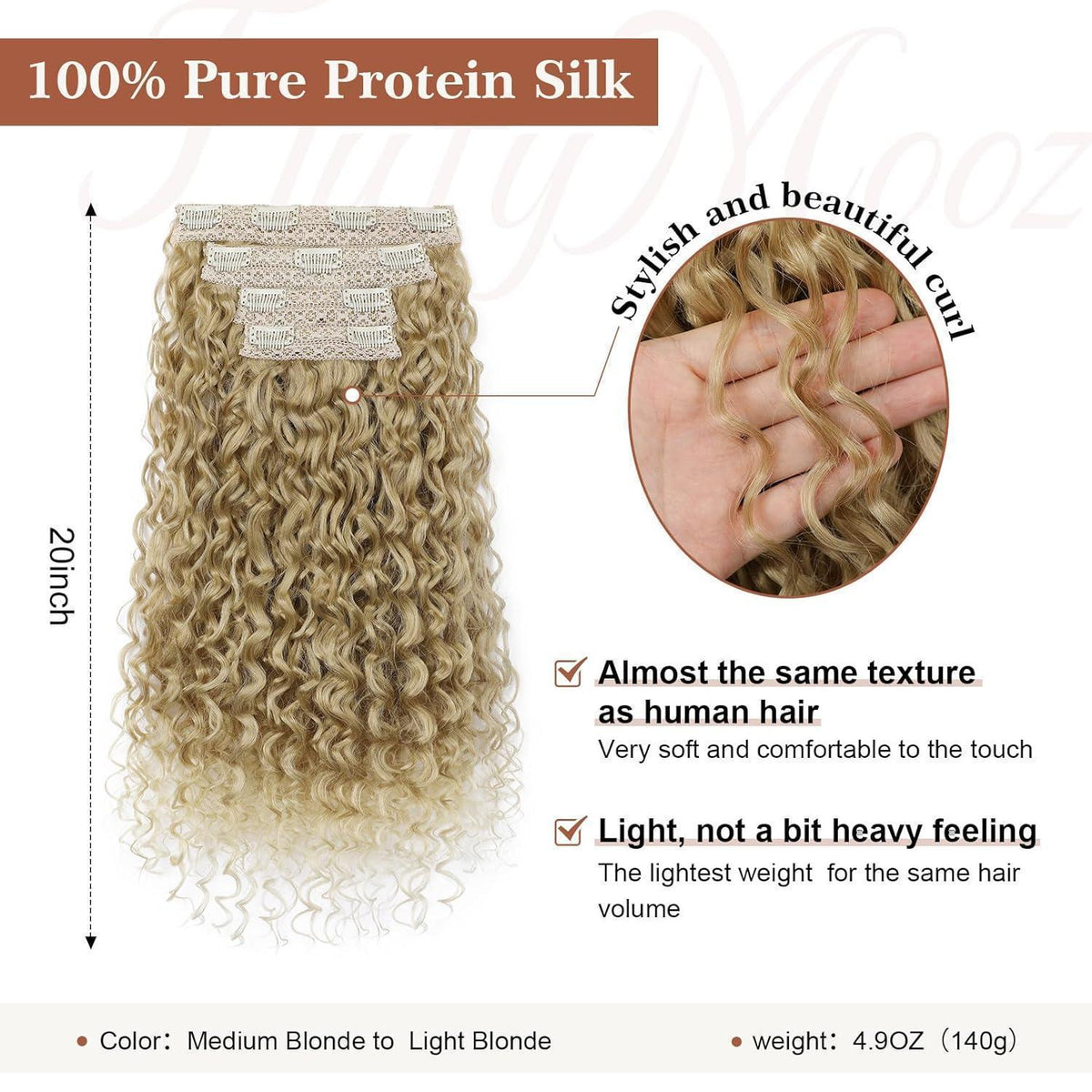 Lockige Haarverlängerung Clip-in, 50cm, Mittelblond bis Hellblond