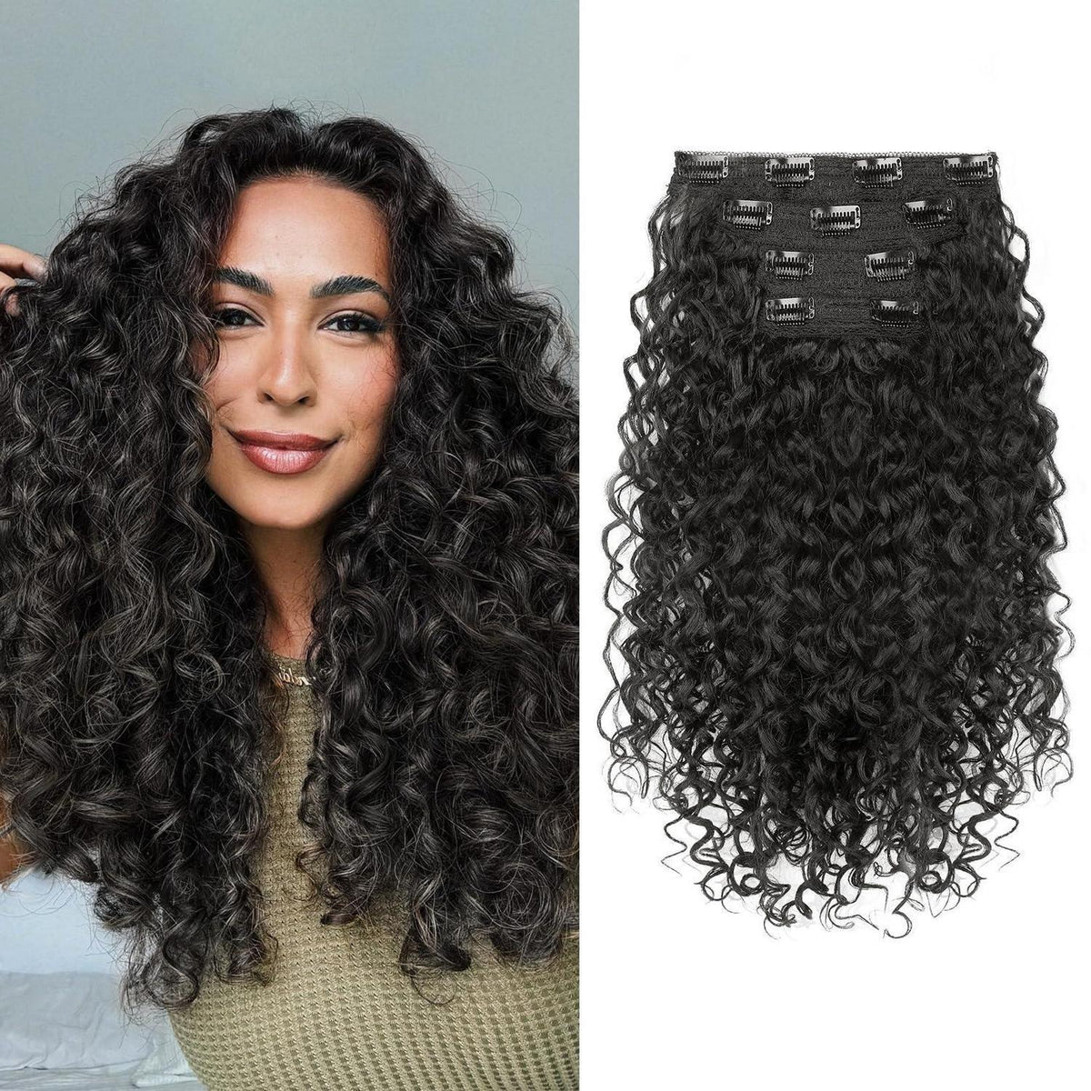 Lockige Haarverlängerung 40cm – Schwarzbraun, 100% Proteinseide
