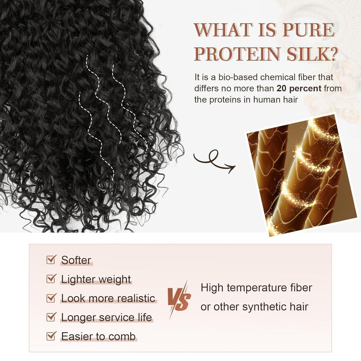 Lockige Haarverlängerung 40cm – Schwarzbraun, 100% Proteinseide