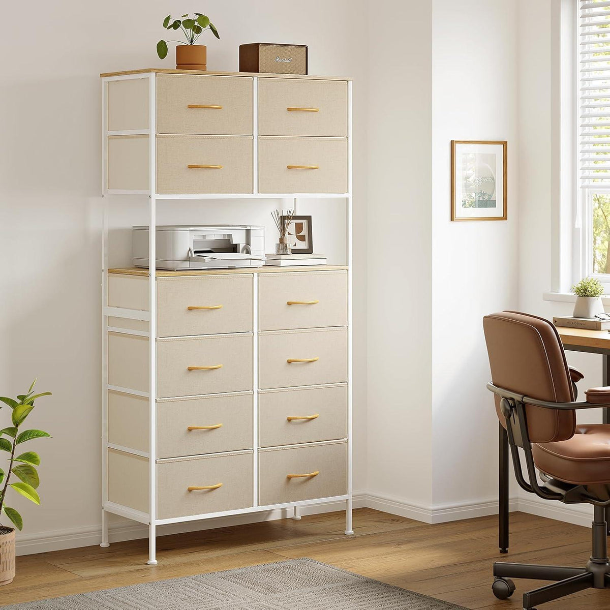 Hochkommode mit 12 Schubladen – Beige, Metallgestell, 80x163 cm