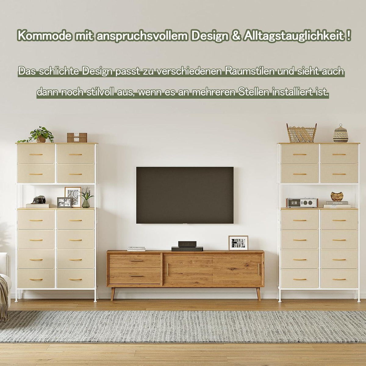 Hochkommode mit 12 Schubladen – Beige, Metallgestell, 80x163 cm