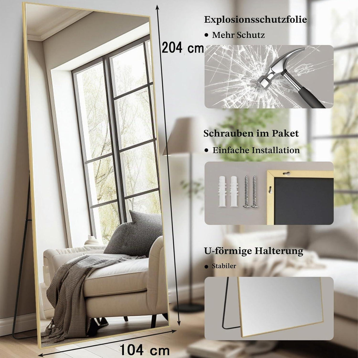Ganzkörperspiegel 204x104cm – Stehspiegel für Schlafzimmer & Wohnzimmer