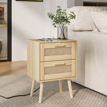 Nachttisch Rattan mit Schubladen und Holzbeinen, Eiche