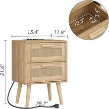 Nachttisch Rattan mit Schubladen und Holzbeinen, Eiche