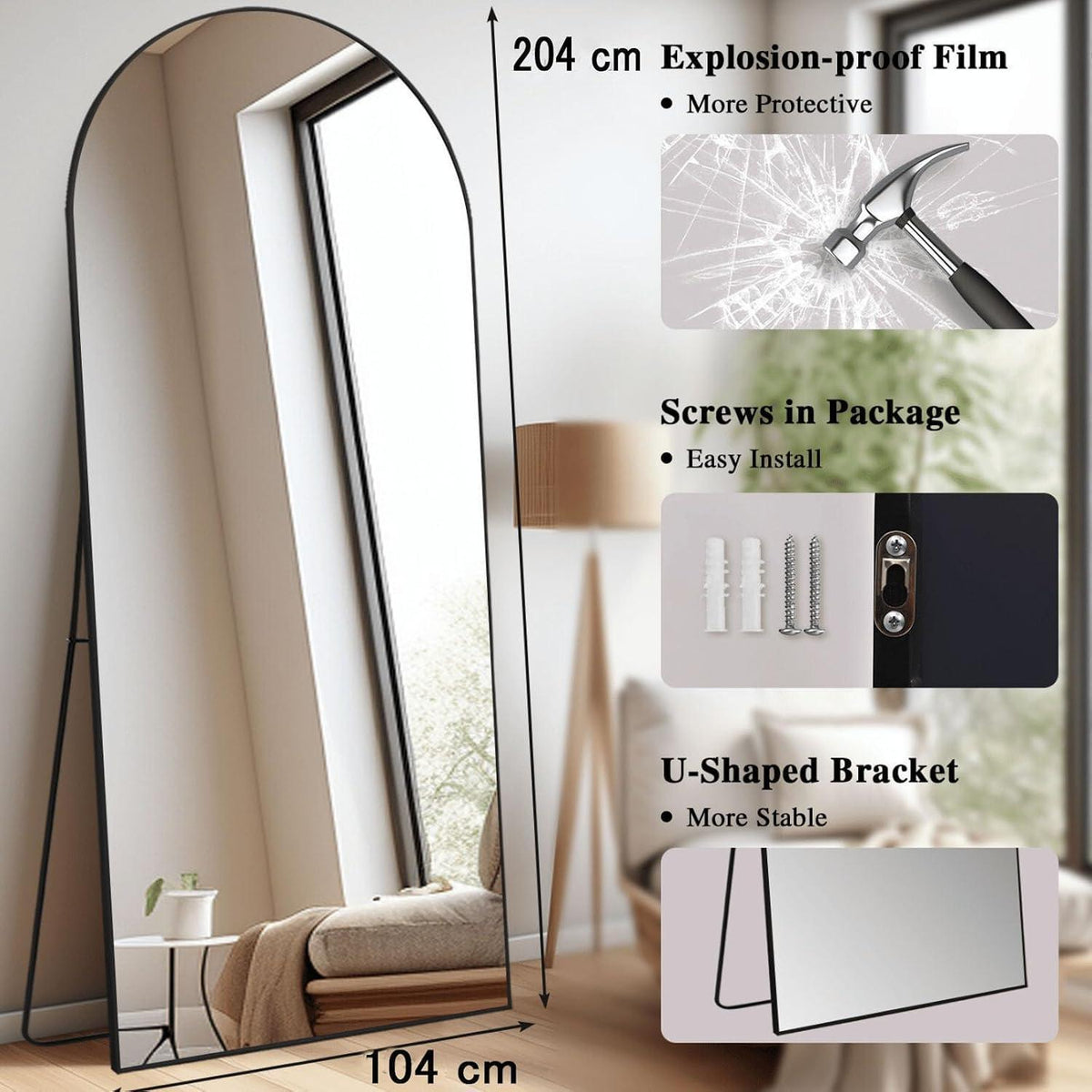 Gewölbter Ganzkörperspiegel 204x104cm – Stehspiegel Schwarz
