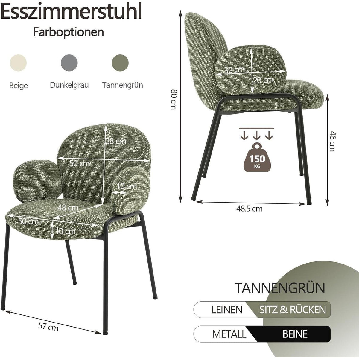 Esszimmerstühle 6er Set Tannengrün mit Armlehne & Leinenbezug