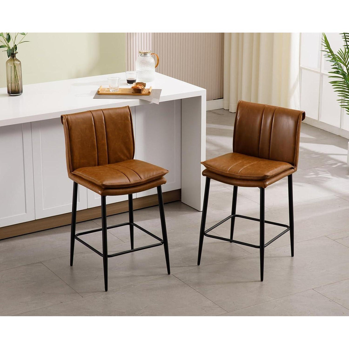 Barhocker Set 2er – Braun, Metallgestell in Lederoptik